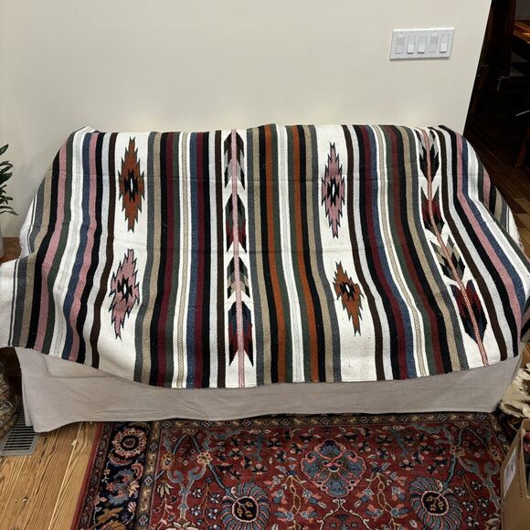 Vintage 80x48 Flat Weave WOOL Blanket Rug NATIVE AMERICAN Indigenous Tribal